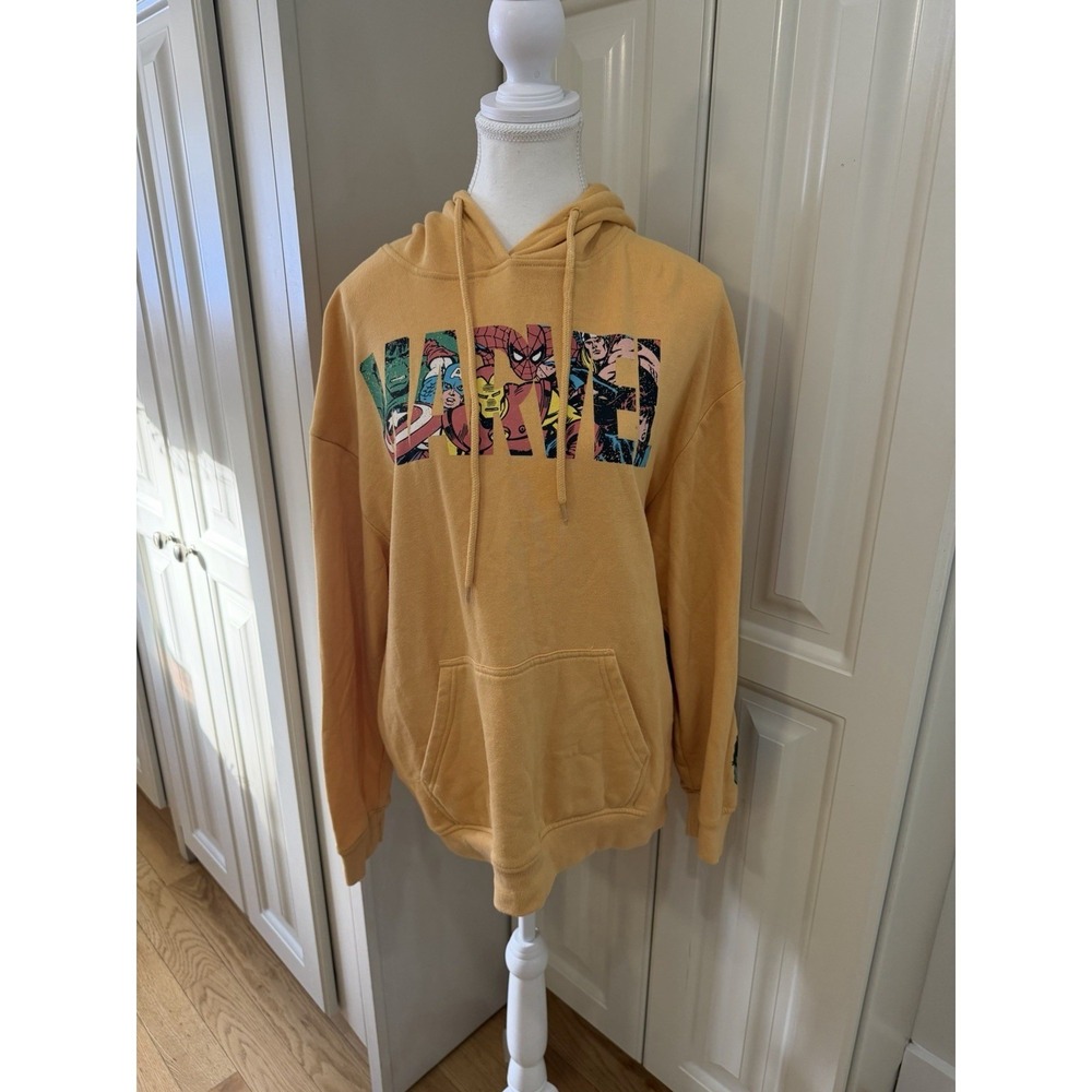 Marvel Hoodie Large Yellow Fleece Pullover Kangaroo‎ Pocket Retro Comic Unisex